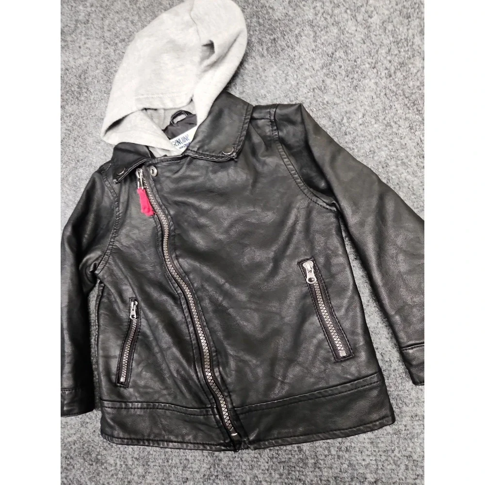 Genuine Kids OshKosh Toddler Faux Leather Moto Jacket Black Grey Hooded Coat 2T